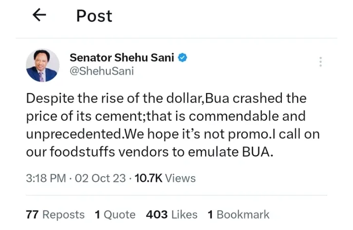 Despite the rise of the dollar, BUA crashed the price of its cement- Shehu Sani