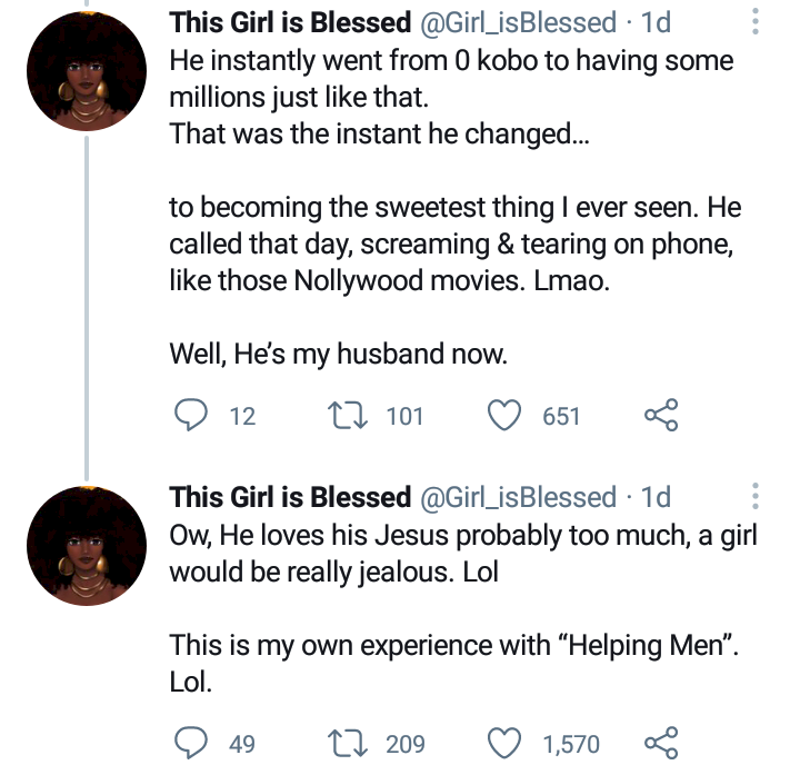 Lady recounts her experience with helping men, shares how man she helped during hard times is now her husband