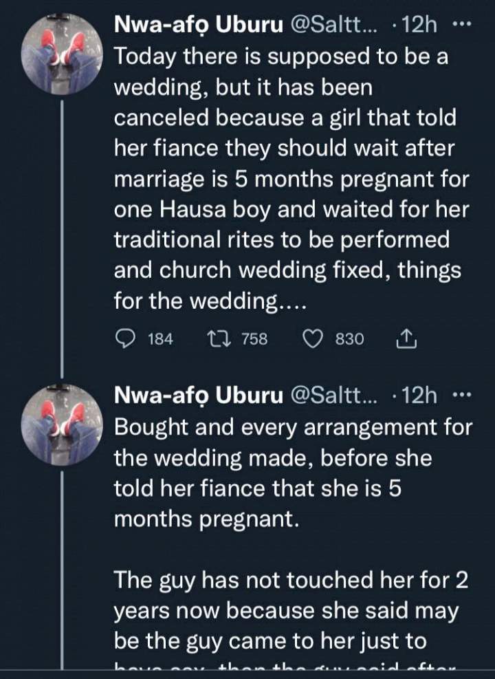 Wedding allegedly cancelled after bride informs groom of being 5-months pregnant for another man