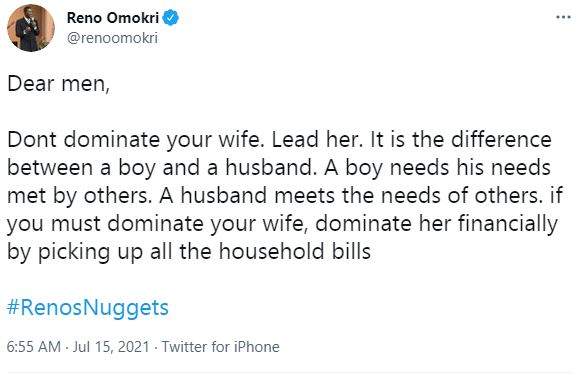 'If you must dominate your wife, dominate her financially' - Reno Omokri to men