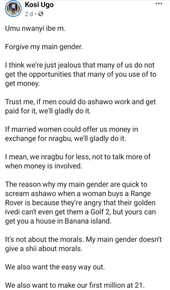 'If men could do 'ashewo' work and get paid, we will gladly do it' - Man reveals why men are jealous of some women