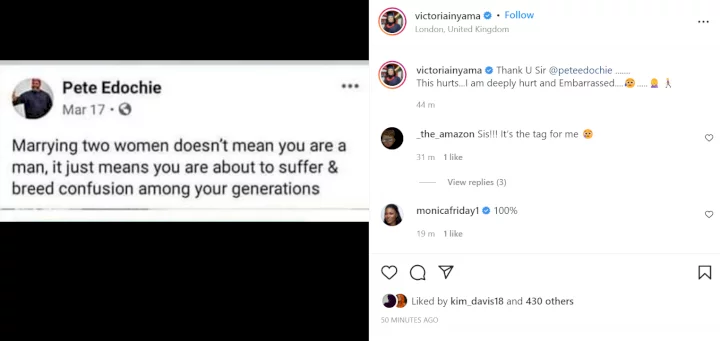 I am deeply hurt and embarrassed - Victoria Inyama addresses Pete Edochie after his son, Yul announced that he has welcomed a child with his second wife
