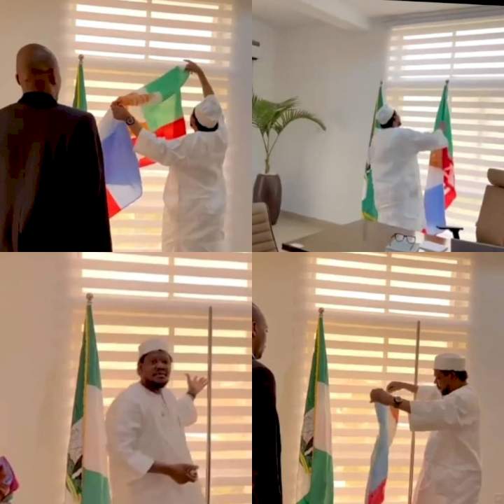 Politician, Adamu Garba, yanks off APC flag from his office days after failing to secure his presidential nomination form (video)
