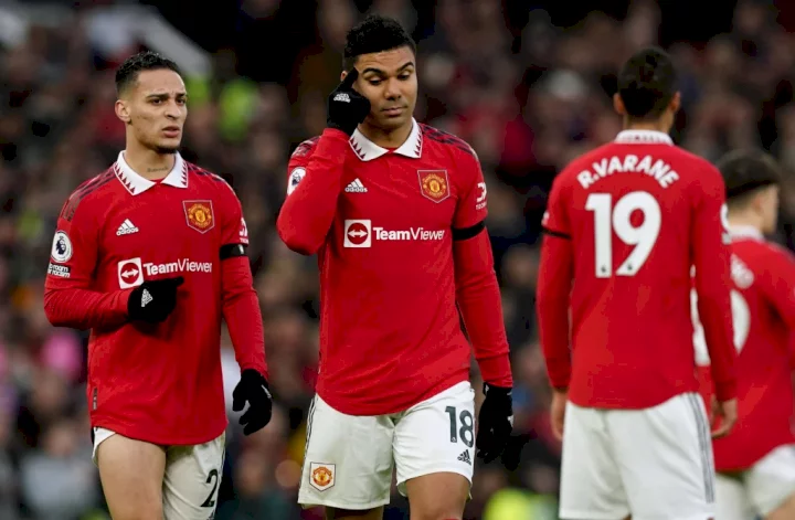 Manchester United's Casemiro walks off after being shown a red card by referee Andre Marriner during the Premier League match at Old Trafford, Manchester. Picture date: Saturday February 4, 2023. PA Photo. See PA story SOCCER Man Utd. Photo credit should read: Martin Rickett/PA Wire. RESTRICTIONS: EDITORIAL USE ONLY No use with unauthorised audio, video, data, fixture lists, club/league logos or 