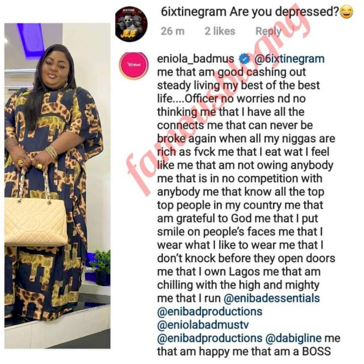 'I'm not in competition with anybody' - Actress, Eniola Badmus replies follower who asked if she's depressed