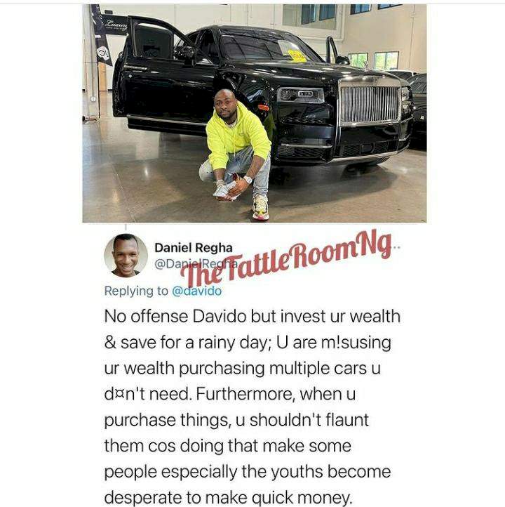 'You're misusing your wealth & making youths desperate' - Fan slams Davido for flaunting new car