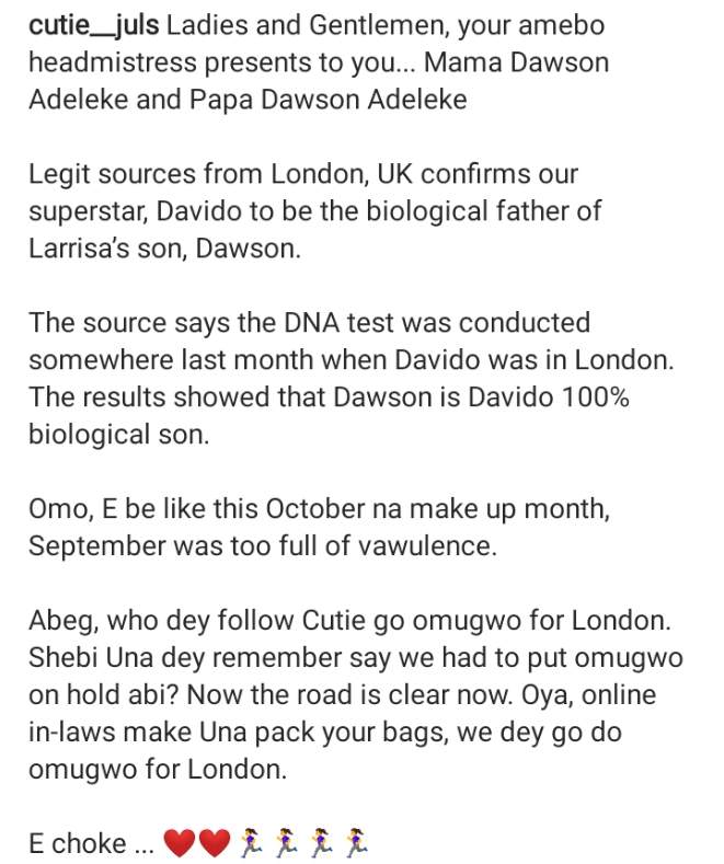 DNA test allegedly confirms Davido as father of Larissa's son