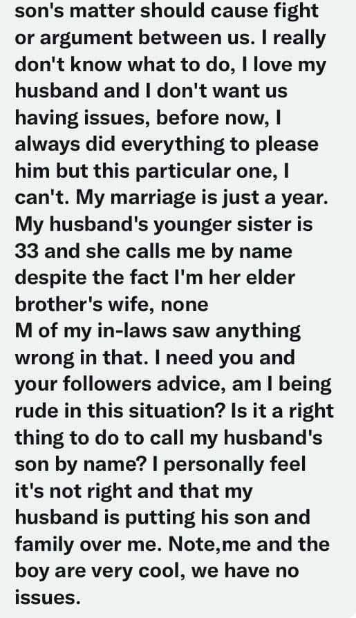 27-year-old lady seeks advice after husband insisted she refers to his 21-year-old son as 'brother'