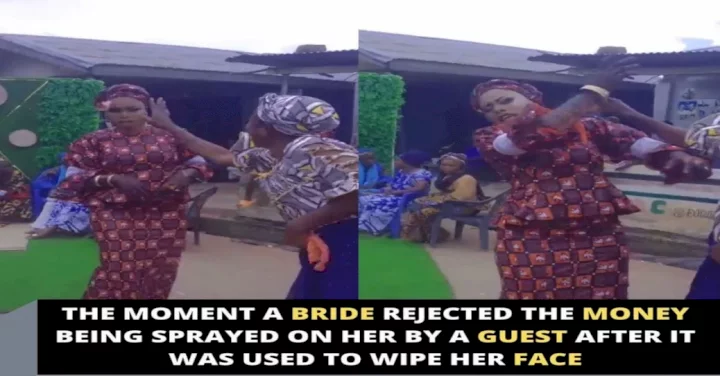 The moment a bride rejected the money being sprayed on her by a guest after it was used to wipe her face