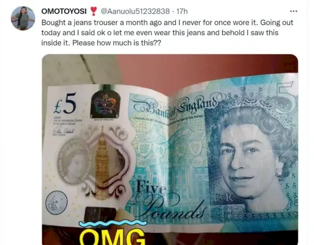 Nigerian lady elated after pulling out £5 from jean outfit she bought