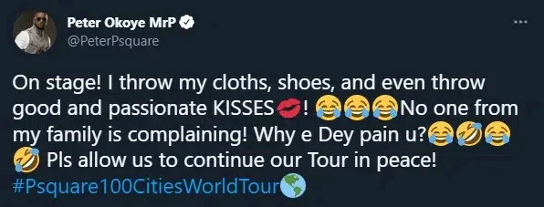 Peter Okoye reacts after being bashed for kissing fan during show