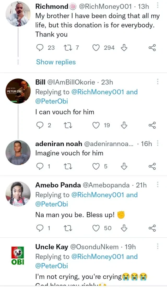 Reactions as man allegedly donates 9 months savings to Peter Obi's campaign