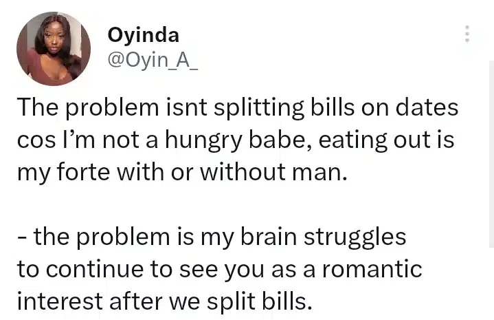 'I find it unromantic when my date asks that we split bill' - Lady says
