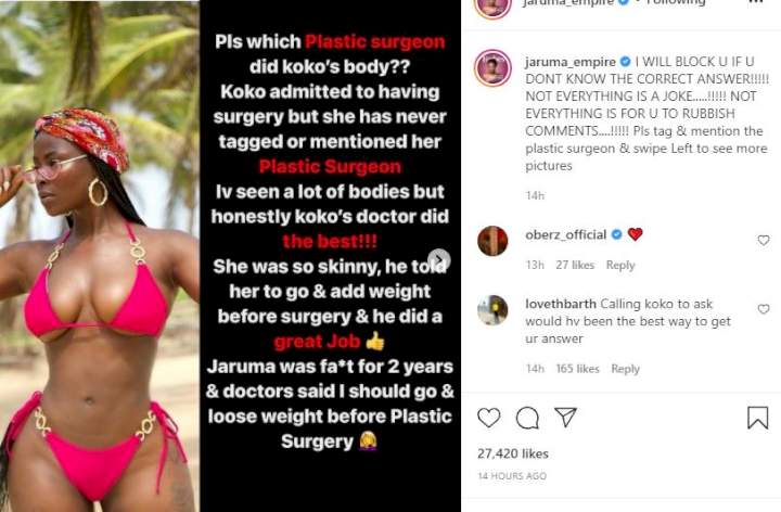Drama between BBNaija's Khloe and Jaruma over surgeon that did her butt surgery