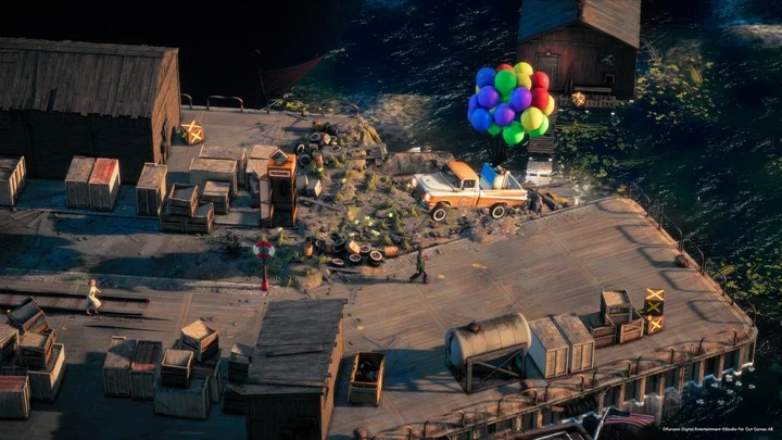 A truck rises in the air thanks to the balloons in its bed in Deliver at All Costs.