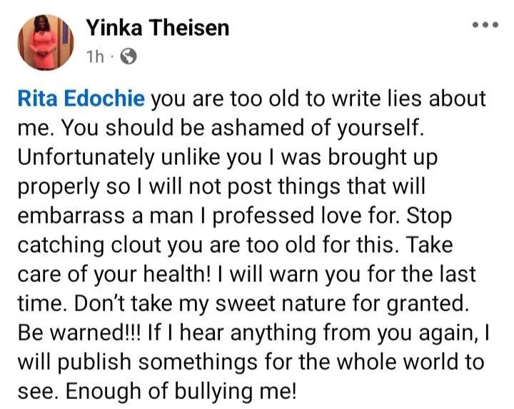Linc Edochie's Estranged Wife, Yinka Theisen Threatens to Expose Rita Edochie