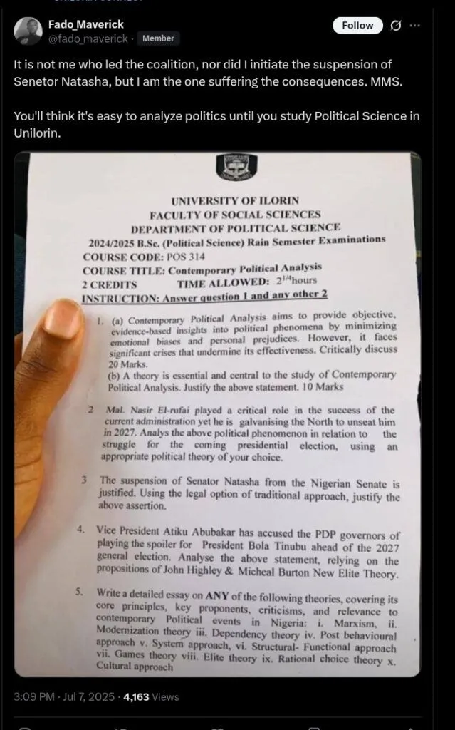 UNILORIN student protests exam questions on Nigerian politicians