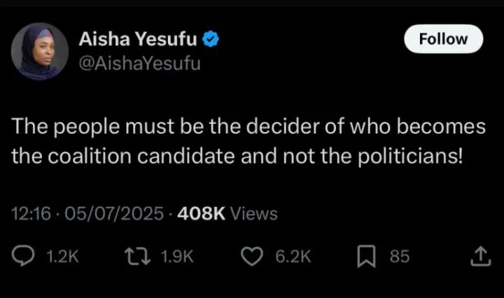 2027: 'Only Nigerians, not politicians, will pick ADC coalition candidate' - Aisha Yesufu