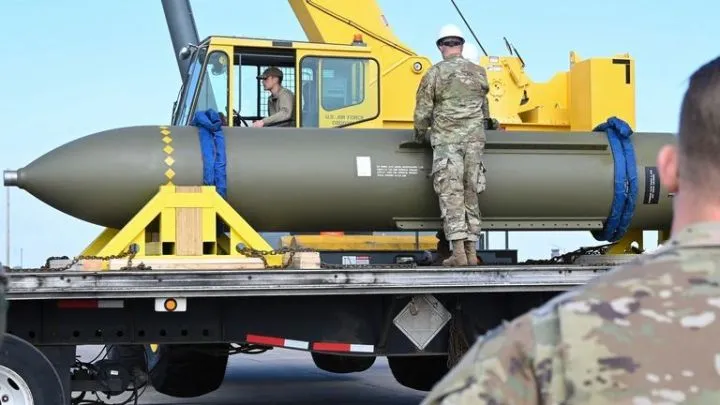 A GBU-57, or the Massive Ordnance Penetrator bomb, at Whiteman Air Base in Missouri. in 2023. File pic: US Air Force via AP