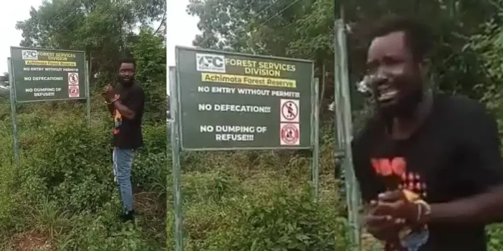 Man weeps as he's forced to read warning sign after defecating in forest