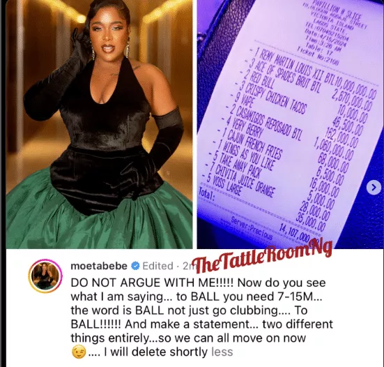 Moet Abebe insists one should have nothing less than N7M to club, shares receipt of her outing