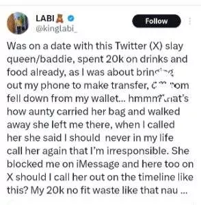 Man cries out as slay queen walks out on him during date after spending N20k on food