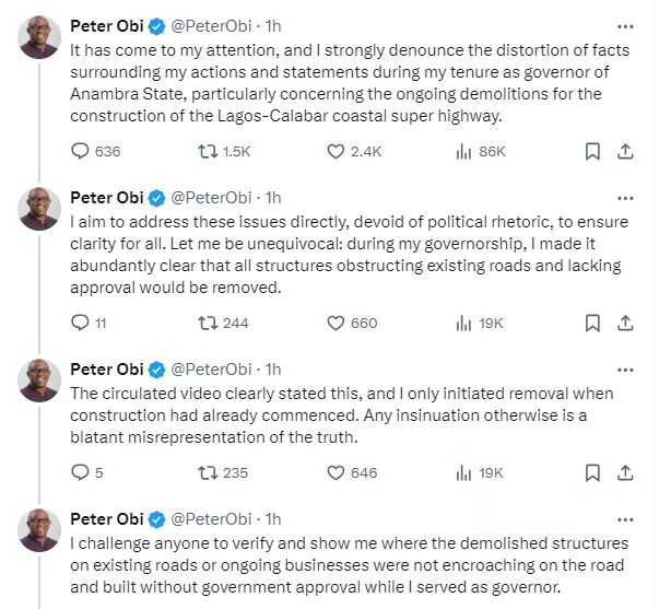 Peter Obi reacts to reports claiming he destroyed existing structures while constructing roads during his tenure as Anambra state governor