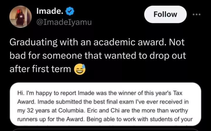 Nigerian student, Imade, who nearly dropped out, graduates and wins 2023 Tax Award at Columbia University