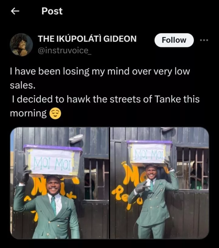 Moi moi seller dons suit to hawk on Ilorin streets amid low sales