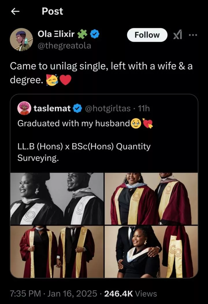 Man shares heartwarming story as he graduates with degree and wife from UNILAG