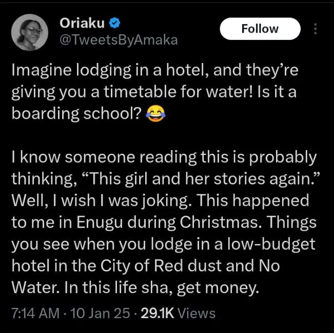 Lady narrates experience in hotel with timetable for water