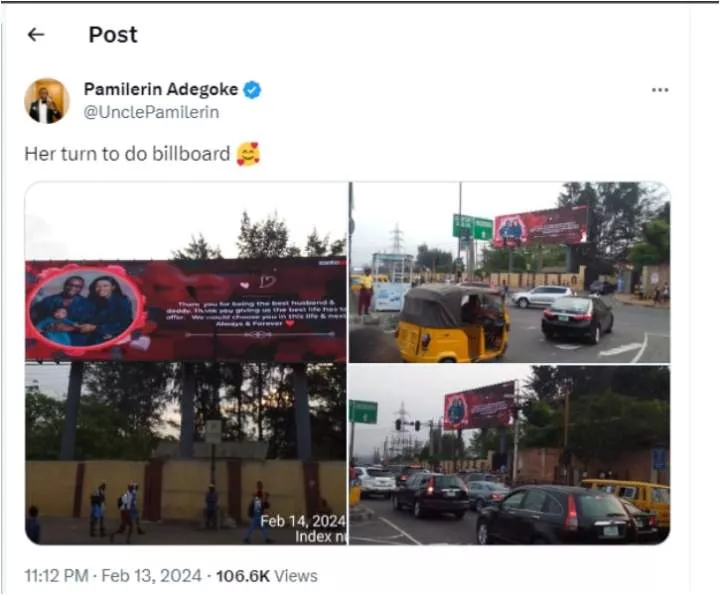 Nigerian lady pays for an entire billboard to wish husband 'Happy Valentines Day'