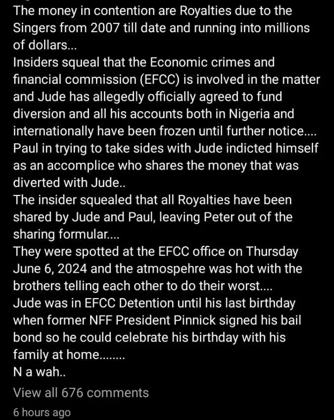 P-Square allegedly split again over diverted funds, EFCC gets involved