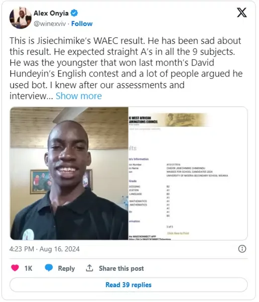 WAEC result of UNN Professor's son, who is sad about his scores, goes viral