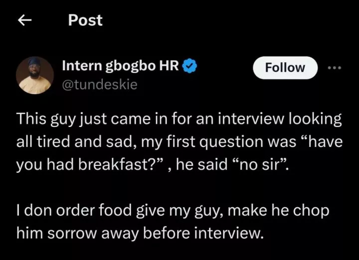 HR orders food for tired and sad job applicant before interview, post sparks appreciation