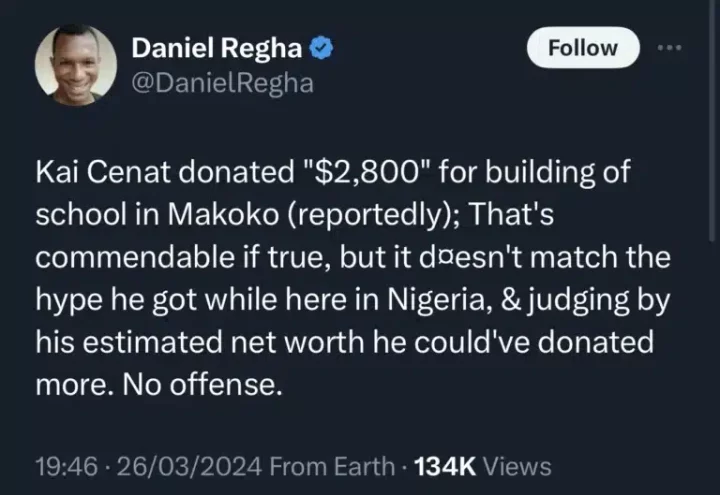 'Judging by his net worth he could have donated more' - Daniel Regha reacts to Kai Cenat's donation to Makoko school