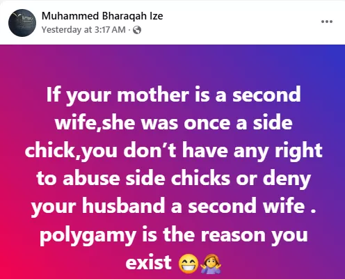 'If your mother is a second wife, she was once a side chick' - Lady drags wives who fight husband's side chicks