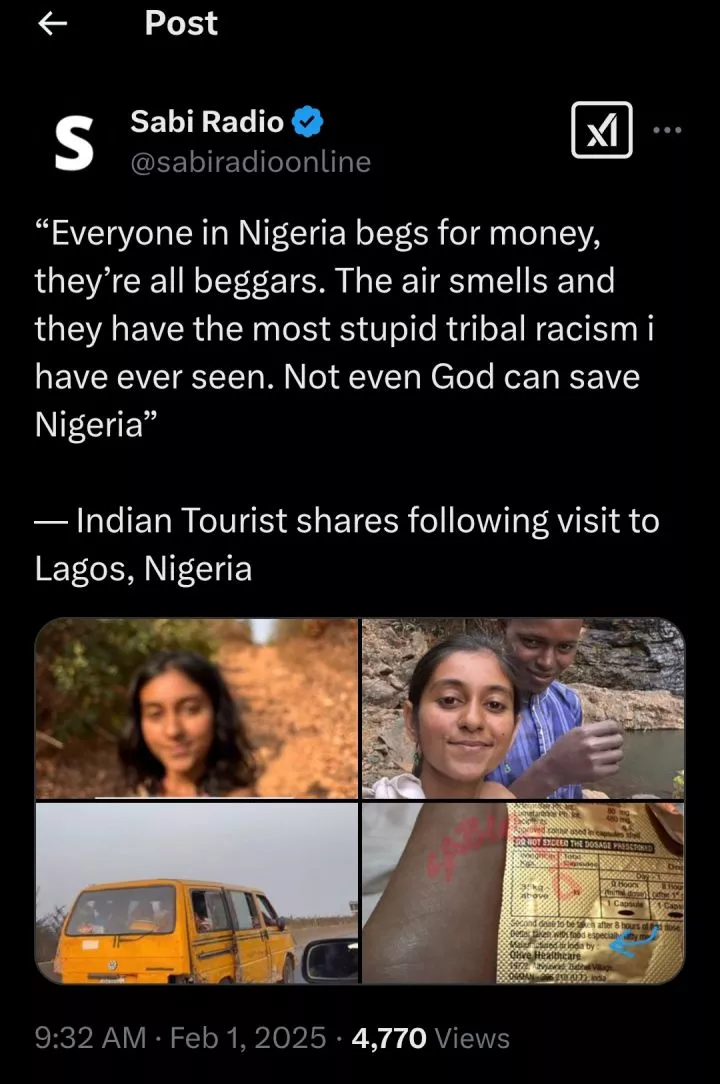 Indian woman criticizes Nigerians' begging culture after brief visit, says 'God can't save Nigeria'