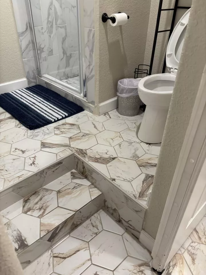 Bathroom with hexagonal marble-patterned tiles. Two steps lead to an elevated area with shower and toilet, which is tucked right next to the steps
