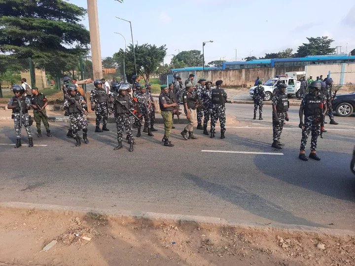 Heavy police presence at Gani Fawehinmi Freedom Park, Ojota, Lagos. No protester yet in view.