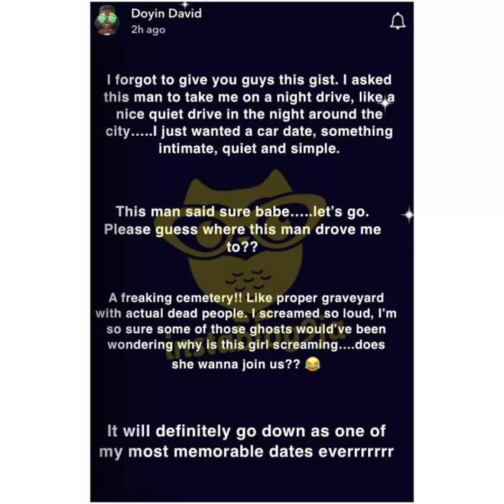 Doyin reveals how her man took her on a date at the cemetery