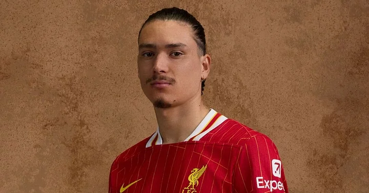 Darwin Nunez wearing the new Liverpool home kit from Nike for the 2024/25 season