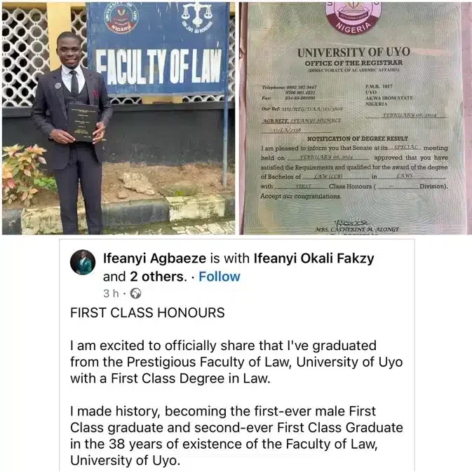 Man celebrates as he becomes first male 1st class Law graduate at UNIUYO