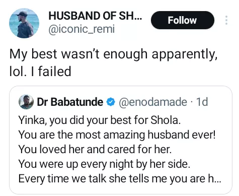 Maybe if I had taken her out of this shithole country she wouls still be by my side - Nigerian man shares regret after his wife