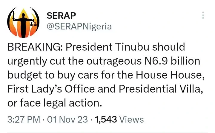 SERAP Reacts as Tinubu Budgets N6.9B On Vehicles for the Office of the First Lady and SUVs For the Villa