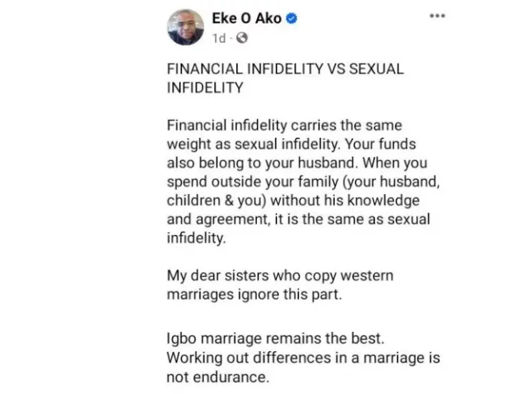 'Spending your money without your husband's knowledge is the same as cheating' - Nigerian man argues