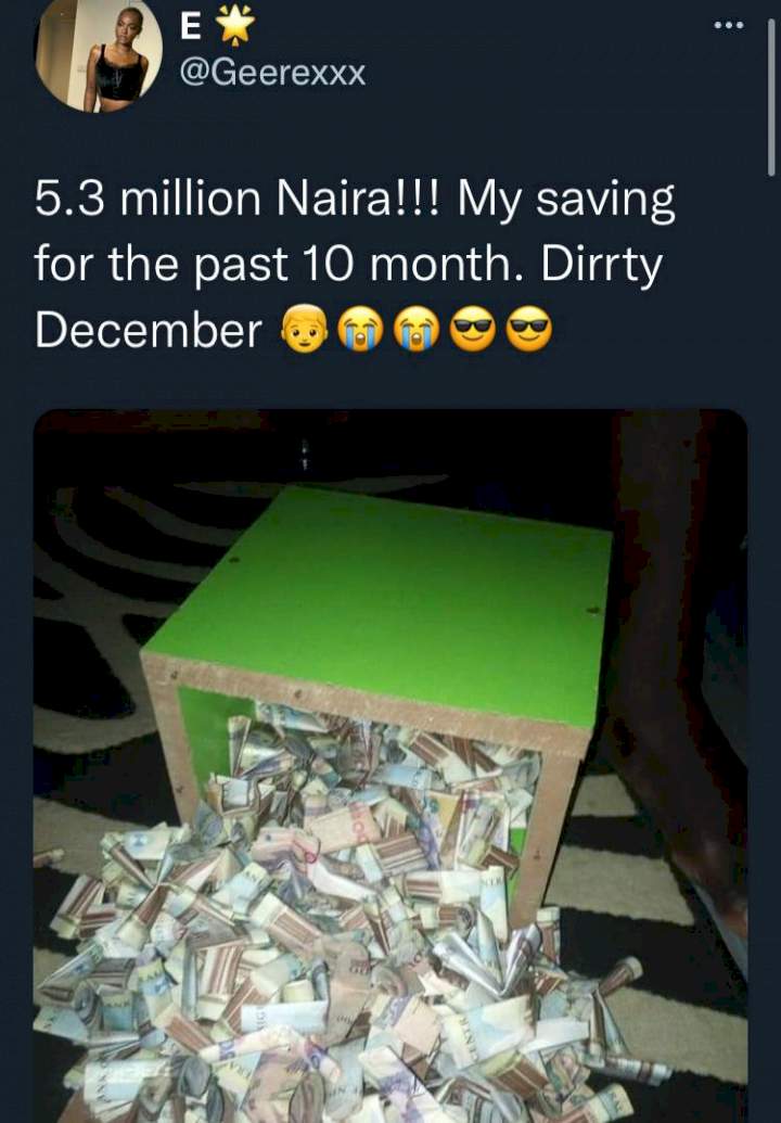 Lady shows off alleged N5.3M savings accumulated in 10 months