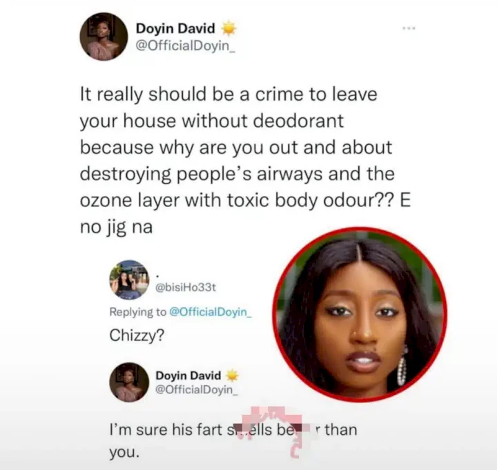 Doyin blasts troll who related her tweet about body odor to Chizzy