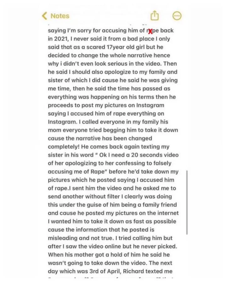 'Richard asked me to come to his place when I was 17 years old' - Lady involved in rape saga shares side of story