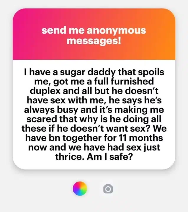 'I have a sugar daddy that spoils me silly but hasn't requested sex' - Lady expresses fear, seeks opinions